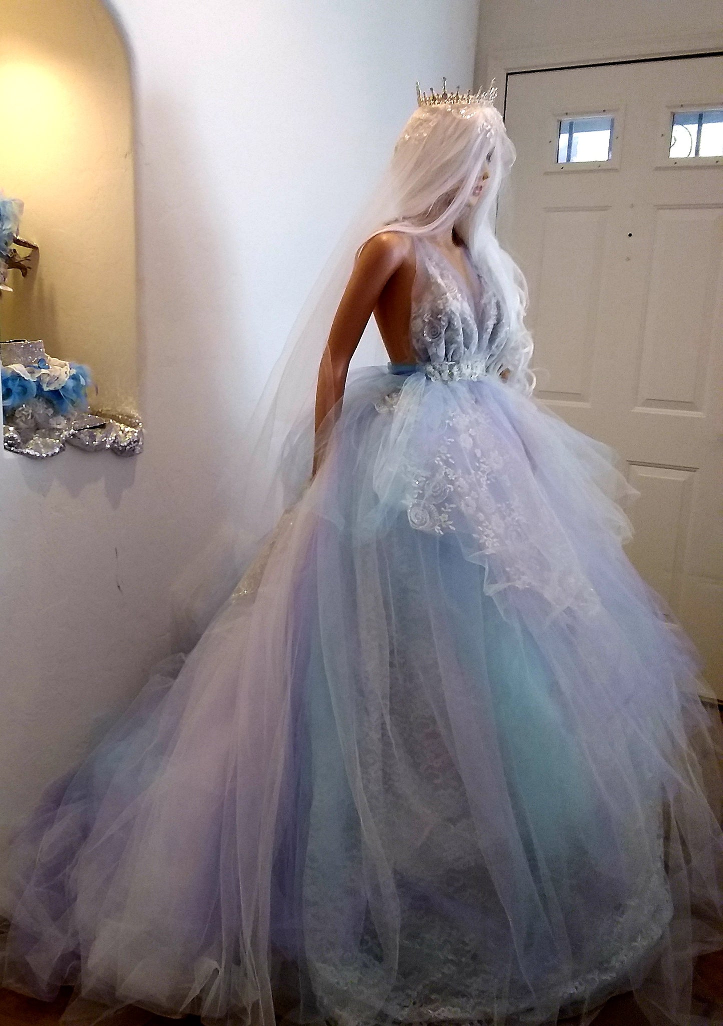 "MORWENNA" Lavender, Blue & White Lace & Tulle Wedding Ballgown Set