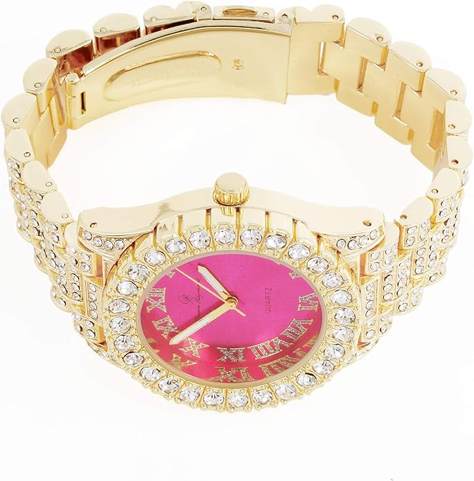 Elegant Gold & Hot Pink Diamante Crystal Bling Watch