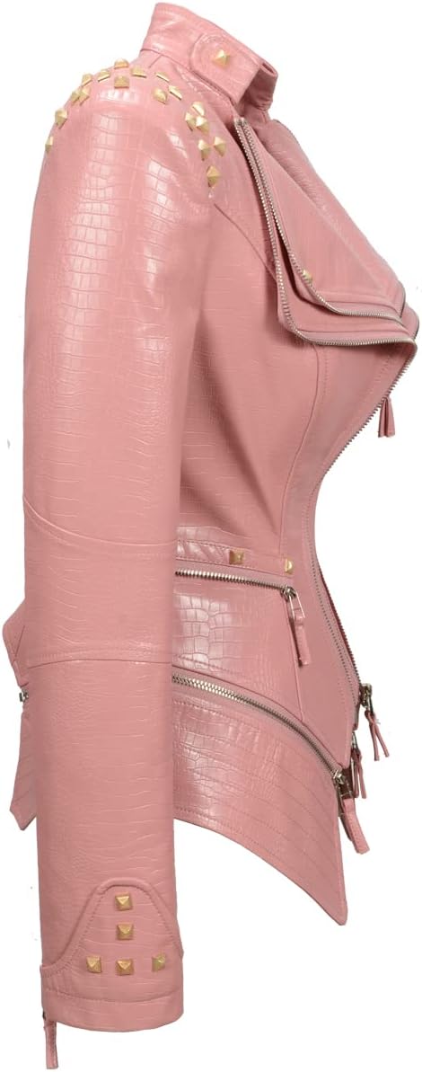Edgy Pink Studded Faux Leather Rocker Biker Jacket