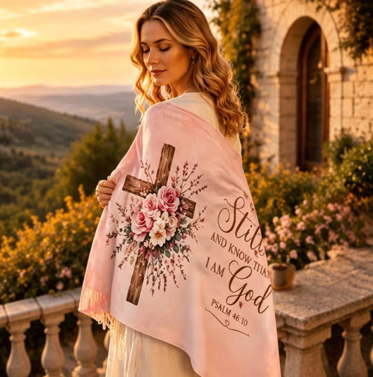 "Be Still And Know That I Am God" Blush Fringe Inspirational Scripture Wrap Shawl