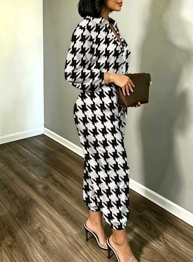 Chic Black & White Houndstooth Check Print Jogger Jumpsuit