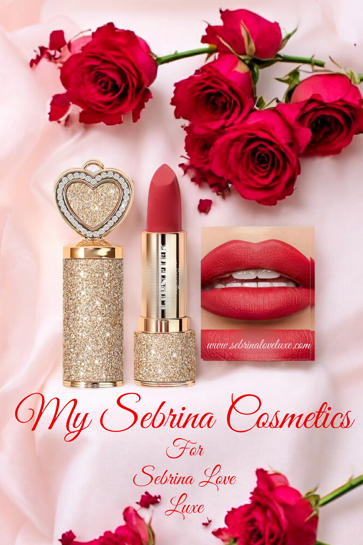 ❤️‍🔥Sexy Red Creme Lipstick Encased In Crystal Heart Gold Glitter❤️‍🔥