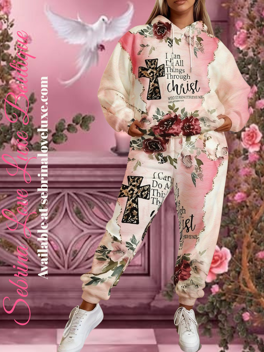 "I CAN DO ALL THINGS THROUGH CHRIST" 2pc Graphic Pink & Ivory Floral Cross Scripture Hoodie & Jogger Set