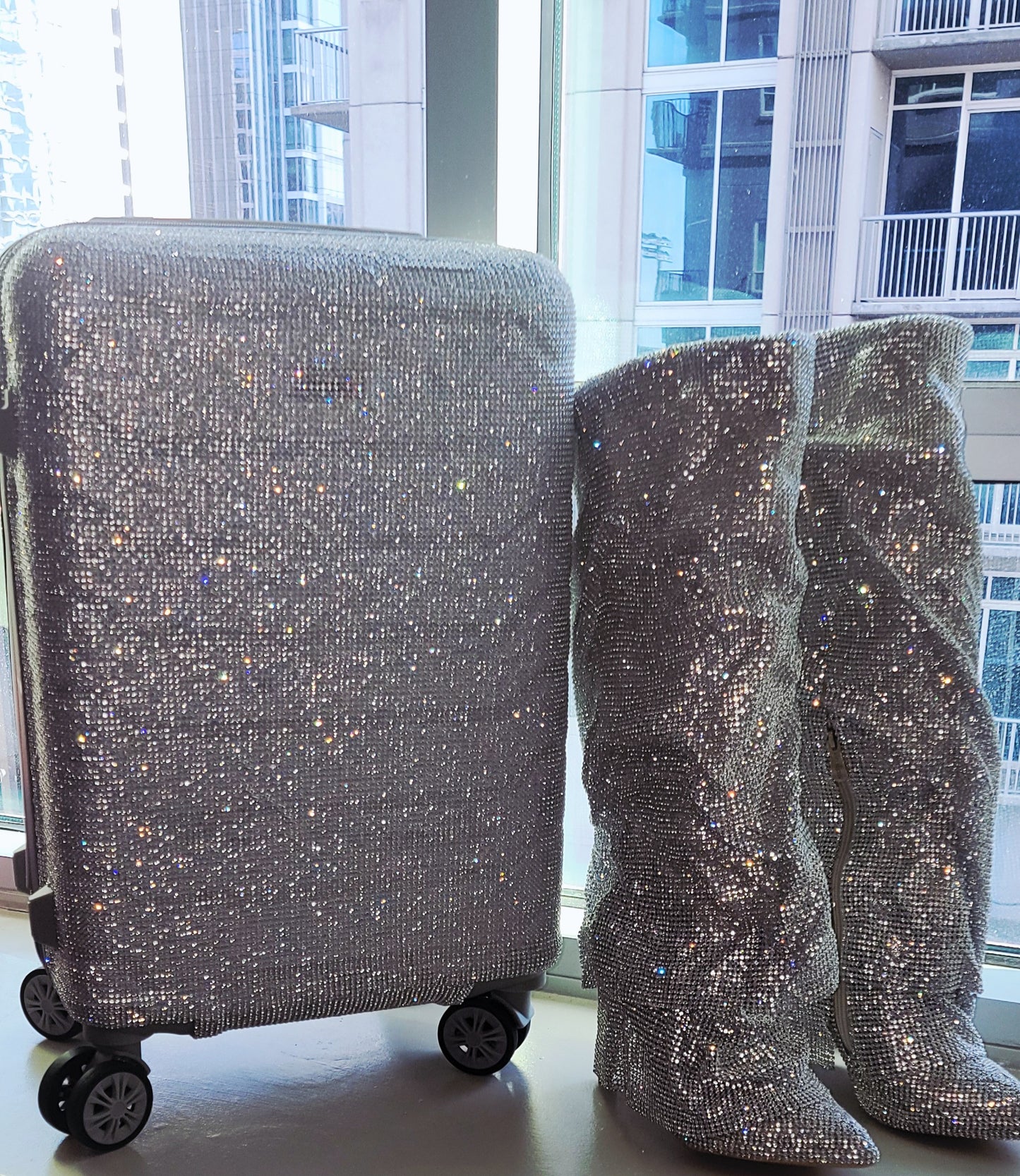 "NEW YORK HEIRESS" Custom Order Silver Rhinestone Crystal Diamante TSA size Approved Carry-on Luggage Case