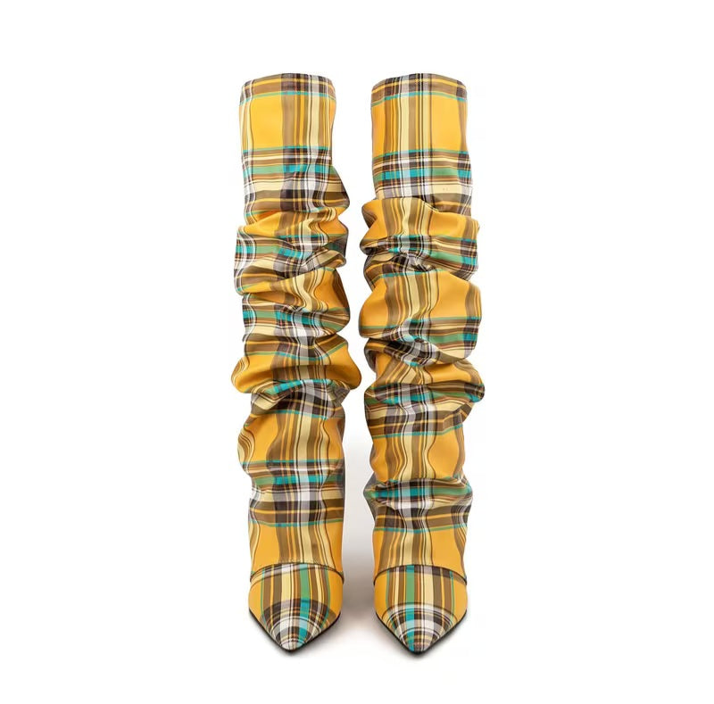 Chic Yellow Gold Scotland Inspired Plaid Foldover Slouchy knee Boots (PRE-ORDER)