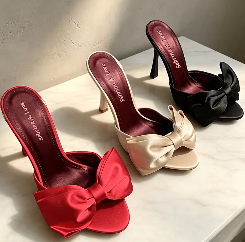 Flirty Romantic Black Bow Embellished Mules