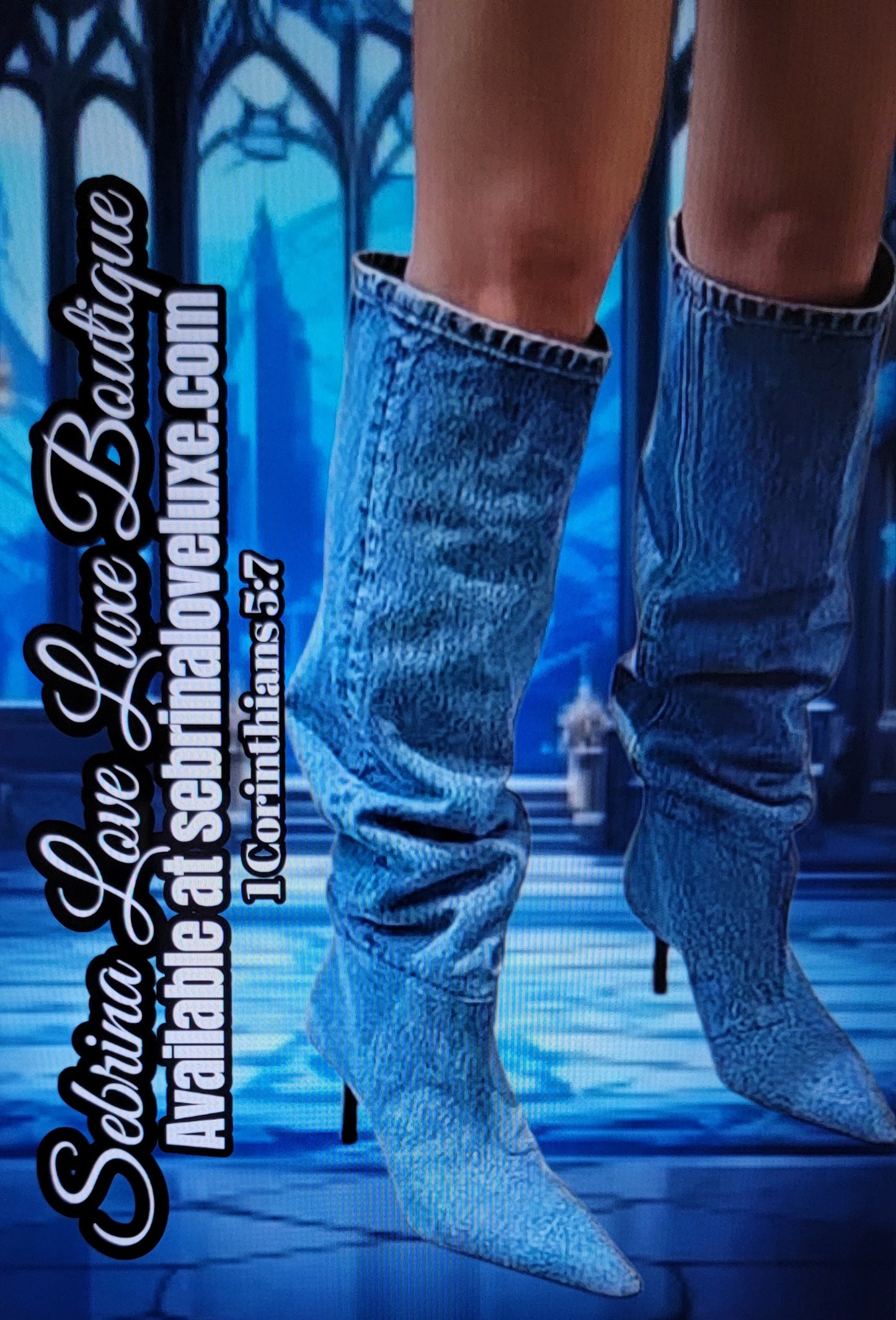 Chic Medium Wash Blue Denim Kitten Heel Knee Boots