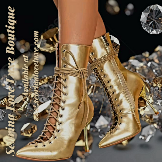 Sexy Metallic Gold Victorian Inspired Lace-up Stiletto Ankle Boots