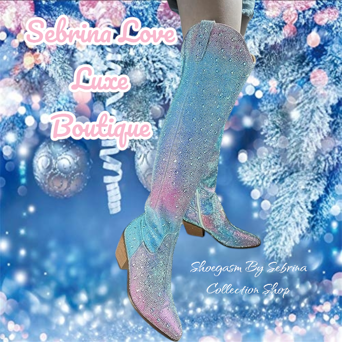 Beautiful Rainbow Unicorn Rhinestone Crystal Diamante Over The Knee Thigh Boots