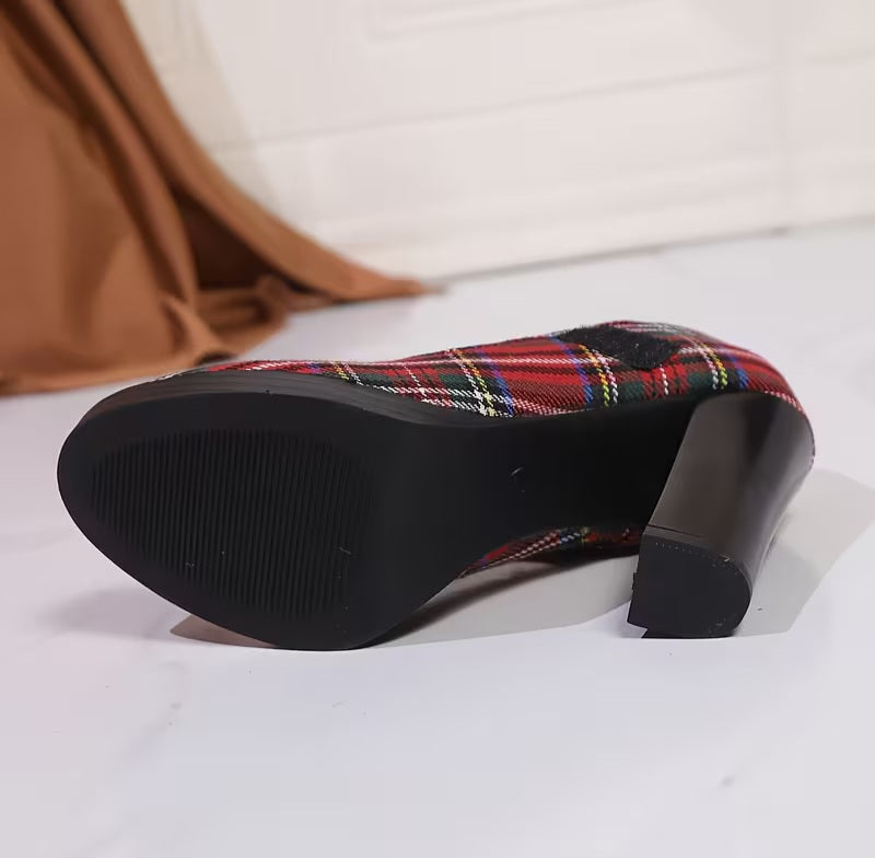 Collegecore Scottish Inspired Red Royal Stewart Tartan Plaid Mary Jane Round Toe Crystal Buckle Heels