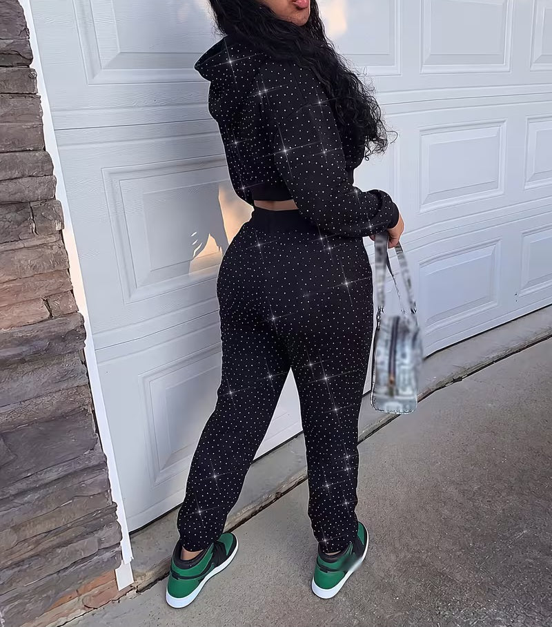 Cozy Black Rhinestone Cropped Sweatshirt & Jogger Pant Set
