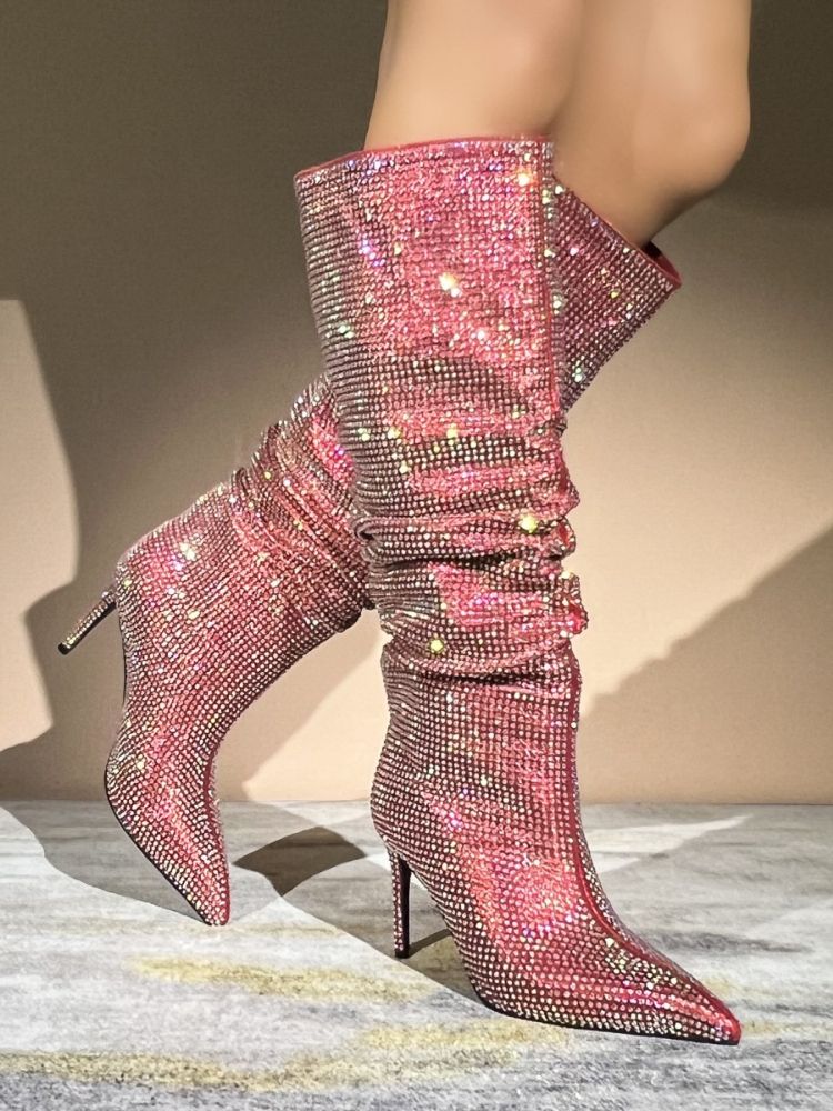 Red AB Rhinestone Crystal Diamante Knee Boots
