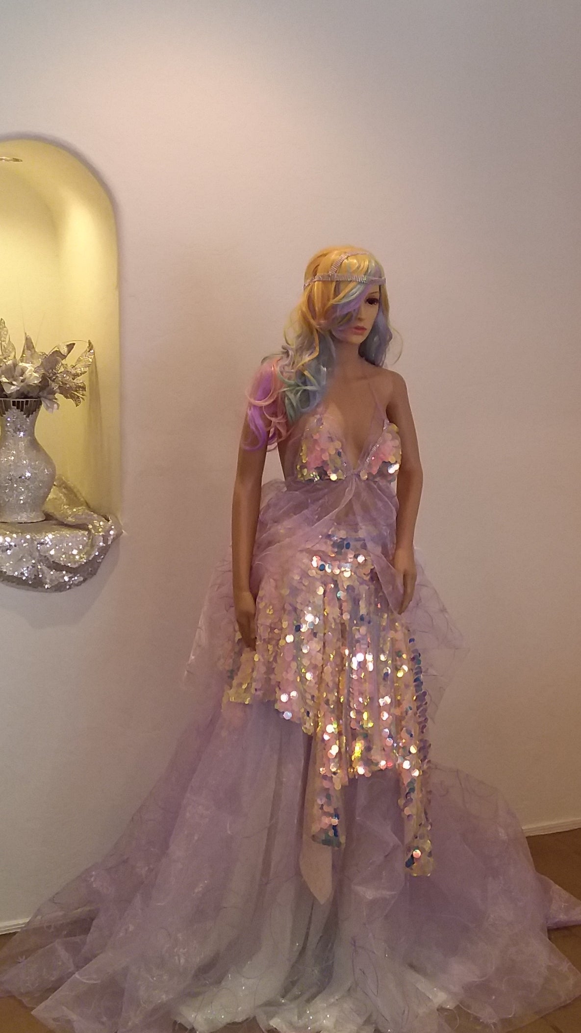 The "CELESTE" Iridescent Unicorn Sequin Lavender Tulle Crystal Wedding Ballgown Set