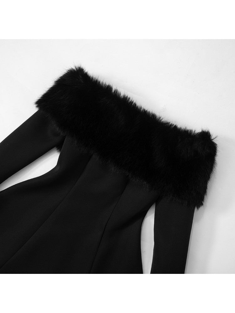 Sexy Black Fur Trim Bardot Off The Shoulder Skater Mini Dress