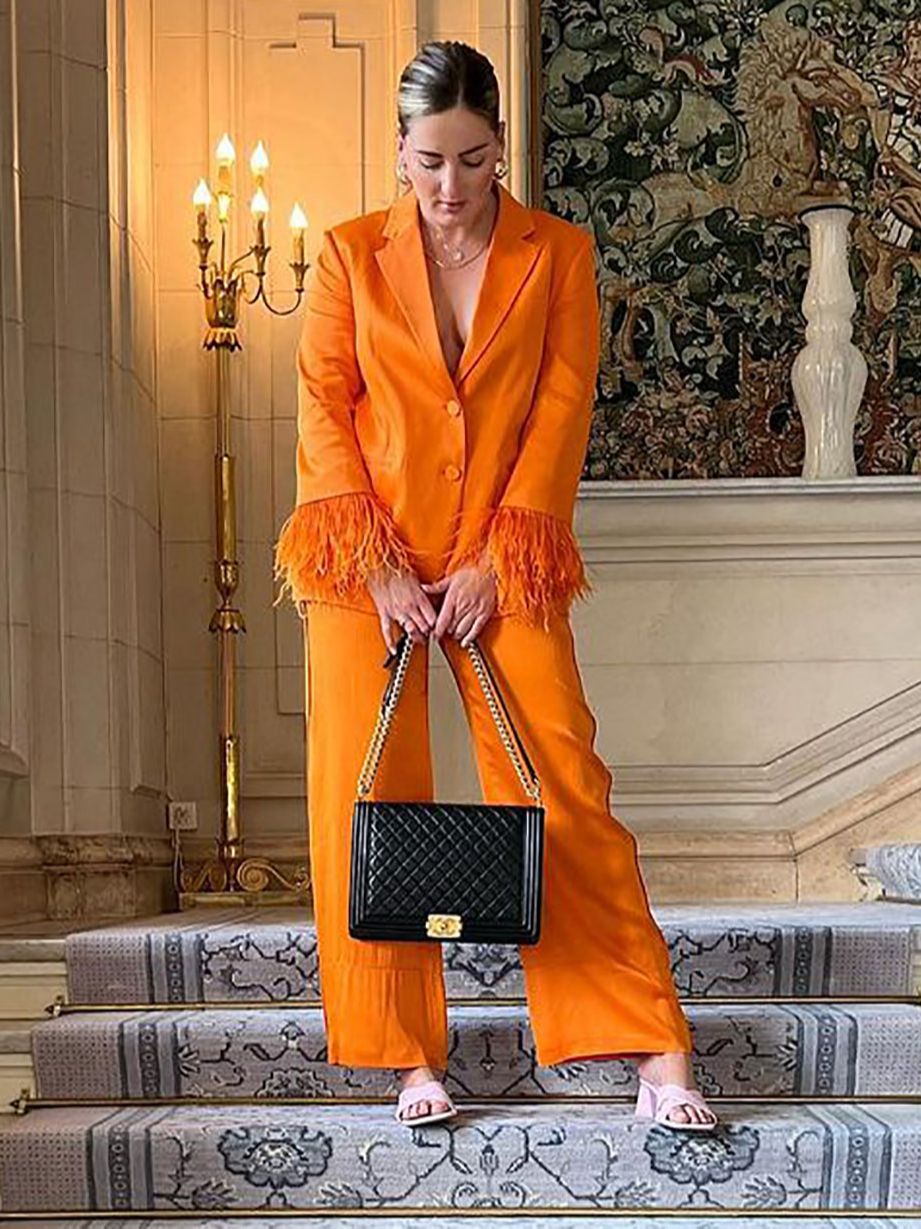 Vibrant Orange Feather Cuff Blazer Jacket & Pants Suit Set