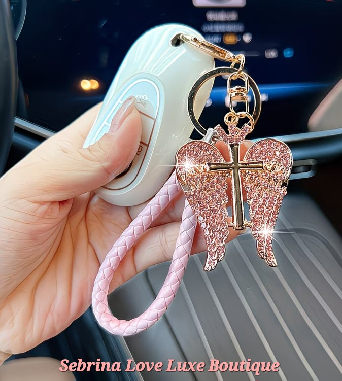 Beautiful Christian Pink Rhinestone Crystal Angel Wings & Cross Key Chain