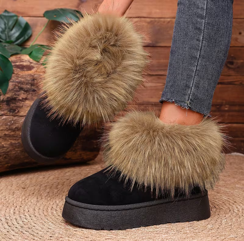 Stylish Black Faux Fur Trim Outdoor Winter Ankle Booties