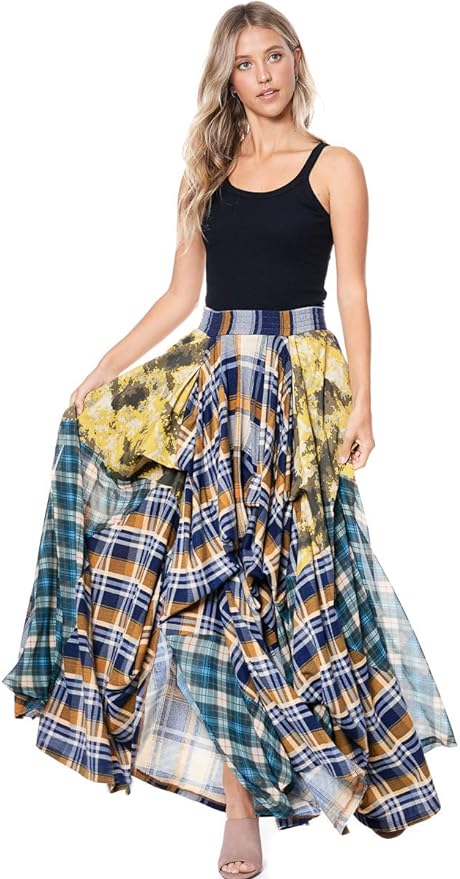 Romantic Boho Blue & Yellow Plaid Asymmetrical Tov The Damsel`s Maxi Skirt