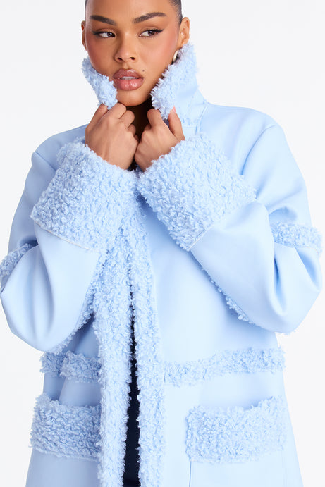 Luxe Baby Blue Faux Leather Faux Shearling Trim Maxi Coat