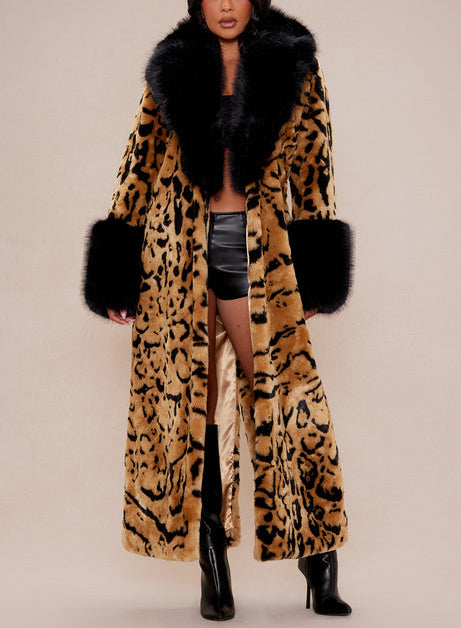 Luxe Plush Brown & Black Leopard Print Faux Fur Coat
