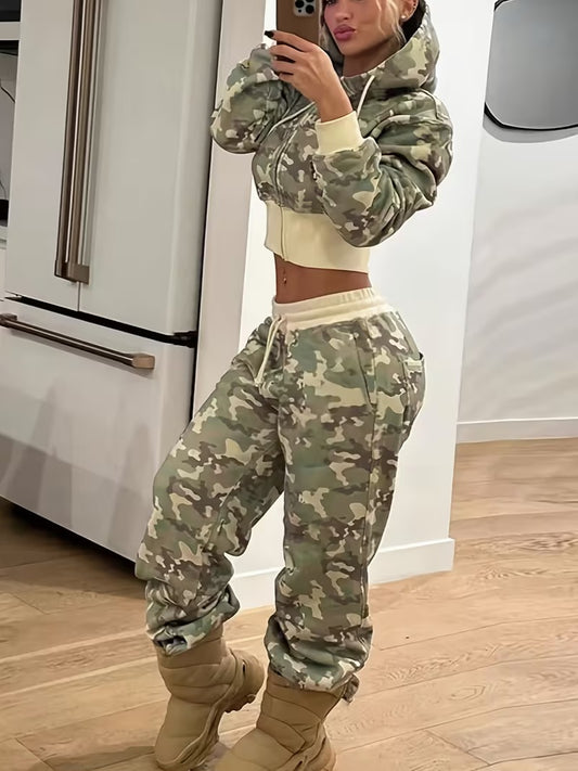 Cool Military Inspired 2pc Green/Khaki Camouflage Print Jogger Set