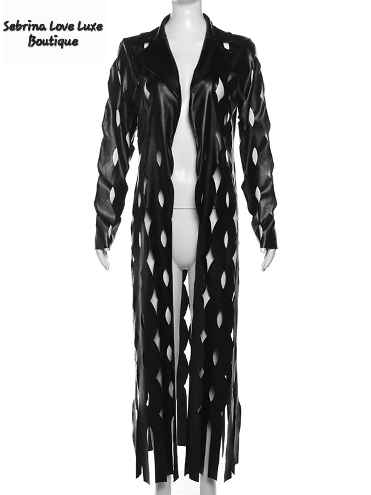 Faux Leather Laser Cut Maxi Coat