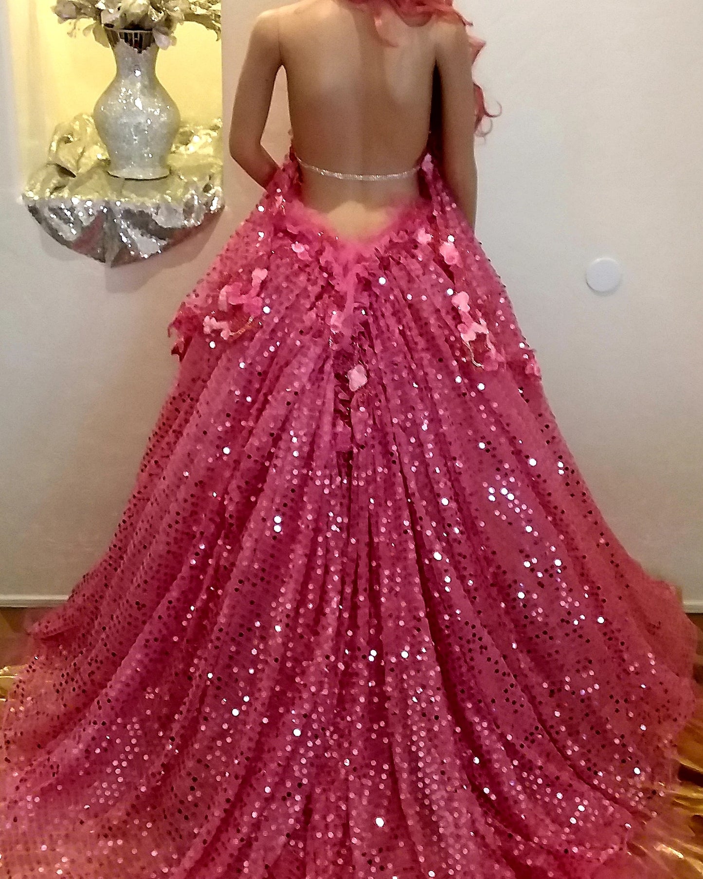 The "SHAYLA" Hot Pink Sequin Lace Crystal Wedding Ballgown Set