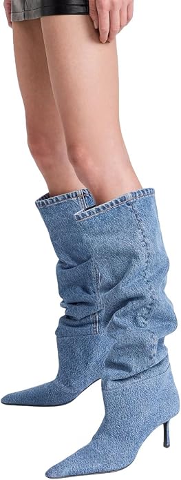 Chic Blue Denim Kitten Heel Knee Boots