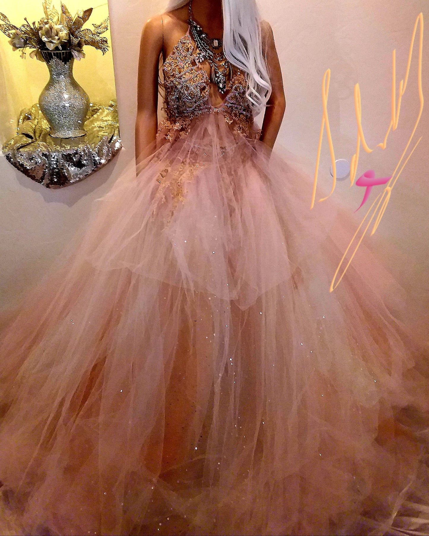 "ANNABELLA"Boho Blush Lace & Tulle Wedding Ballgown Set