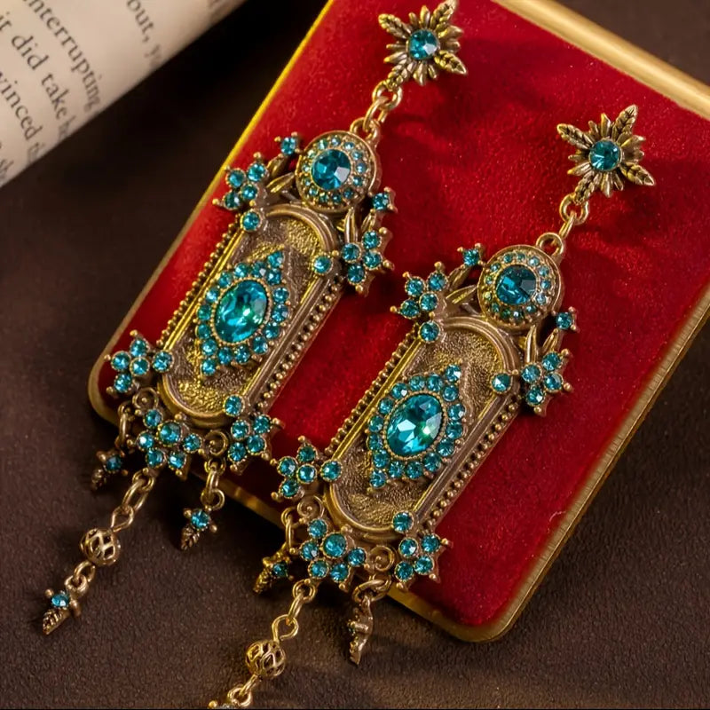 Vintage Inspired Ocean Blue Rhinestone Crystal Bejeweled Chandelier Earrings