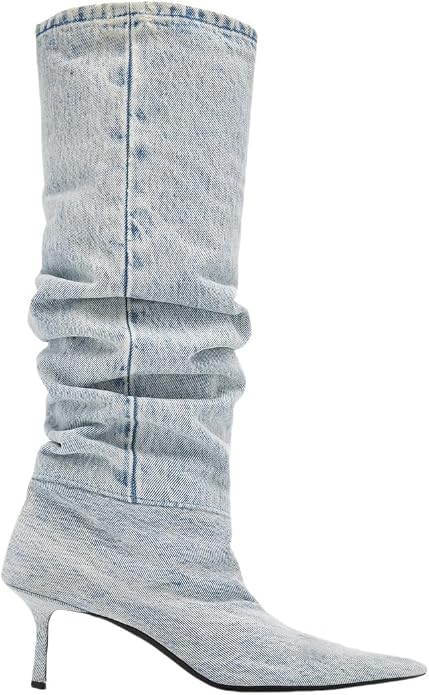 Chic Light Wash Blue Denim Kitten Heel Knee Boots