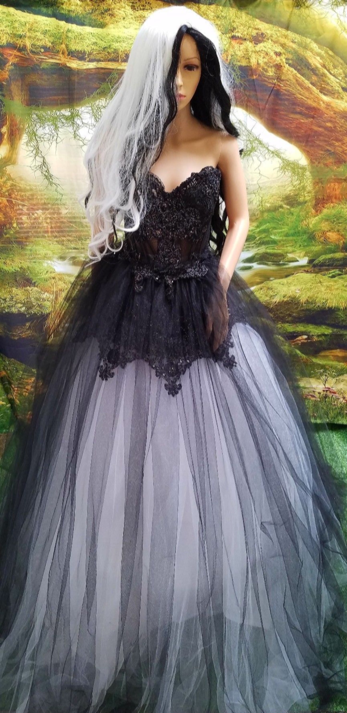 "WILLOW" Custom Order Gothic Romance Black & White Lace & Tulle Wedding Ballgown Set