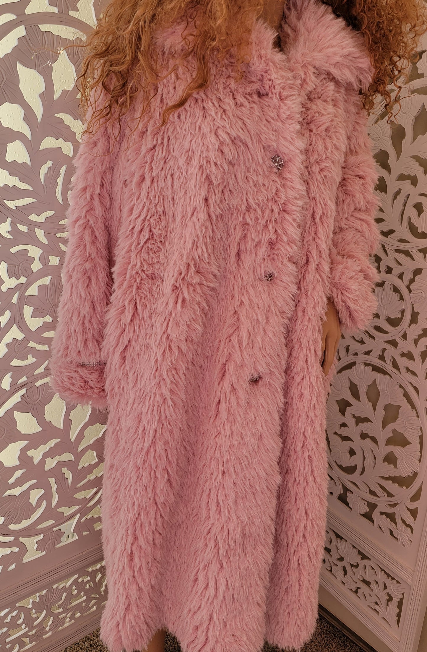 Baby Pink Faux Fur Rhinestone Crystal Embellished Coat