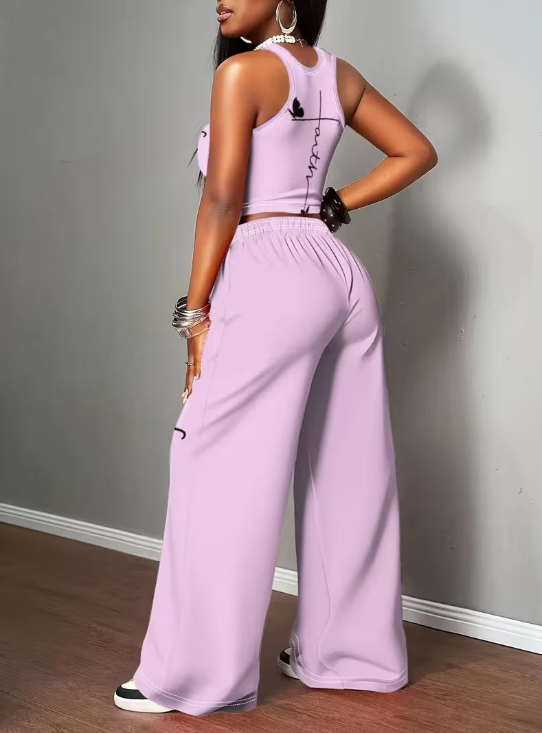 "FAITH" 2pc Graphic Lavender & Black Tank Top & Wide Leg Jogger Set