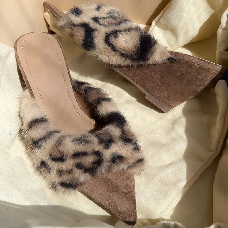 Elegant Taupe & Black Animal Print Faux Fur Wedge Mules