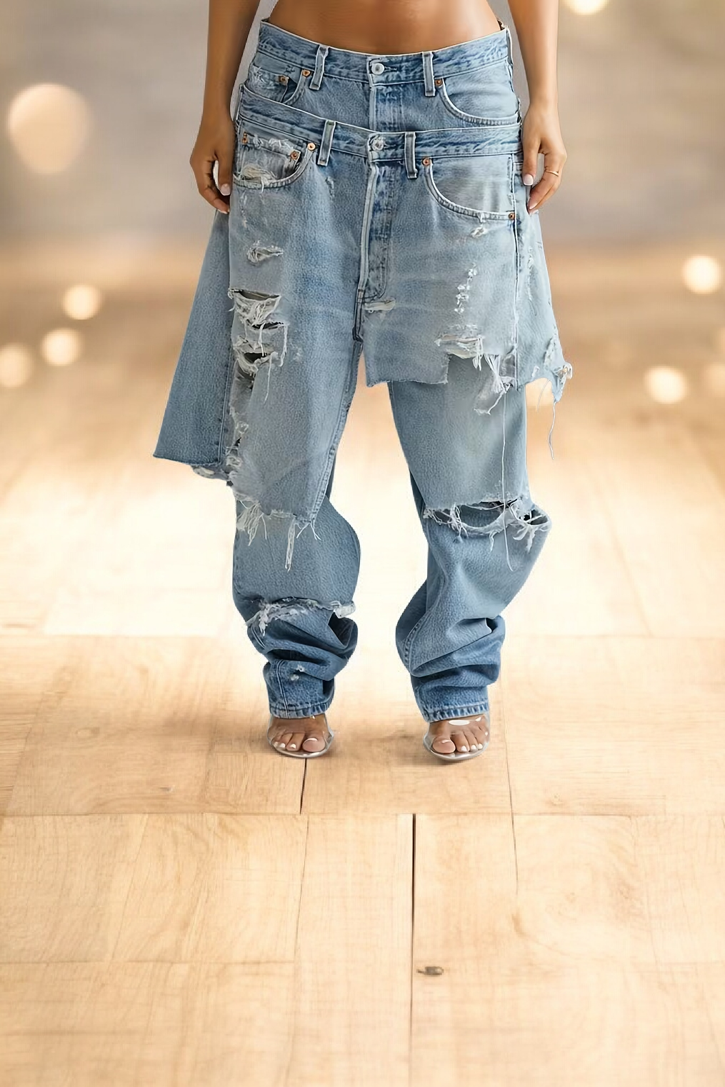 Sexy Hybrid Distressed Destroyed Ripped Asymmetrical Skirt Overlay Jeans