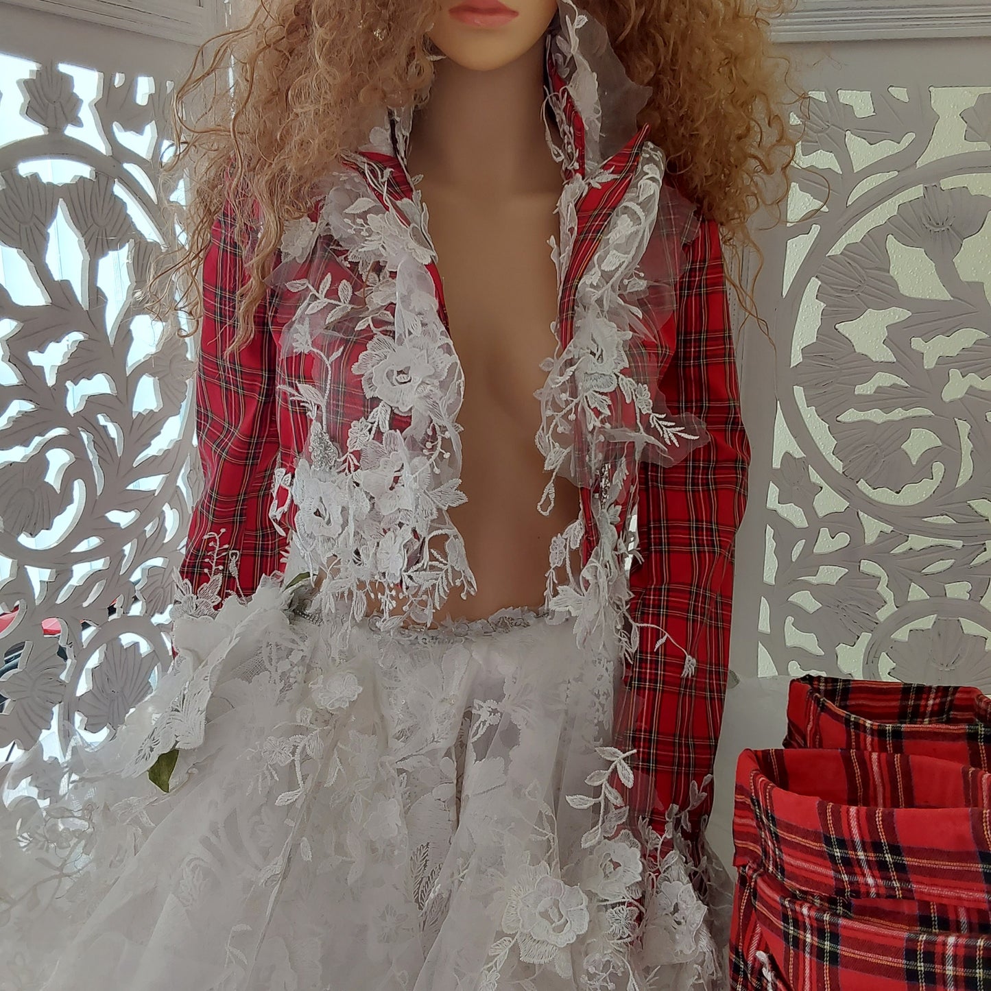 The "MARY STEWART" Scotland Inspired Red Plaid & Lace Wedding Ballgown Set & Matching Thigh Boots