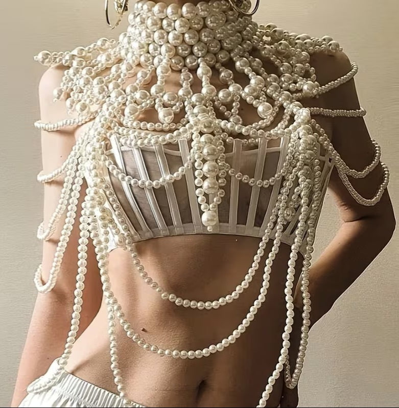 Luxe Draped Faux Pearl Multi Strand Bejeweled Elizabethan Overlay Body Jewelry Crop Top