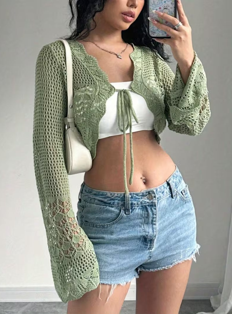 Cute Sage Green Crochet Bell Sleeve Cropped Sweater
