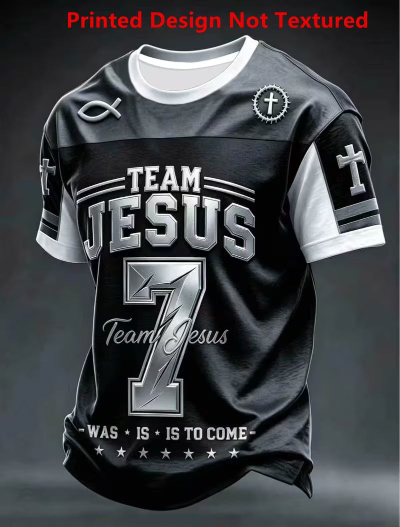 Inspirational "TEAM JESUS" Navy Blue & White Christian Printed Graphic Scripture Short Sleeve Football Jersey