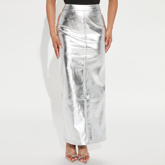 Sexy Metallic Silver Midi Skirt