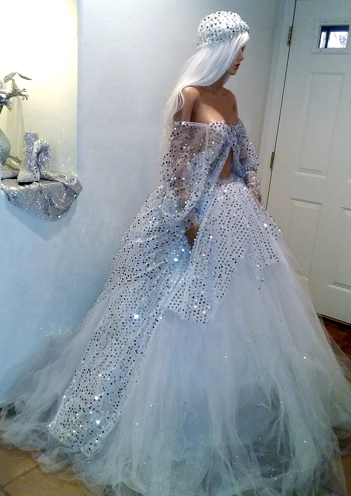 The 💎ISOLDE💎 White & Silver Sequin Crystal Kimono Wedding Ballgown Set