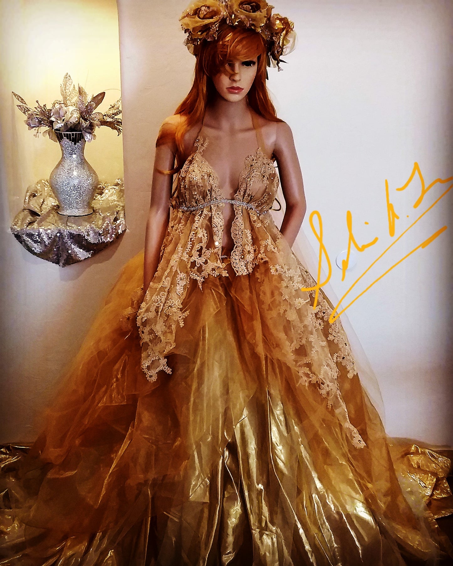 The "SIMONE" Crystal Gold Embroidered Lace Boho Festival Wedding Ballgown Set (Custom Order)