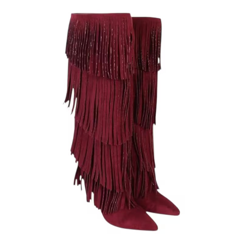 Boho Festival Merlot Fringe Heeled Boots