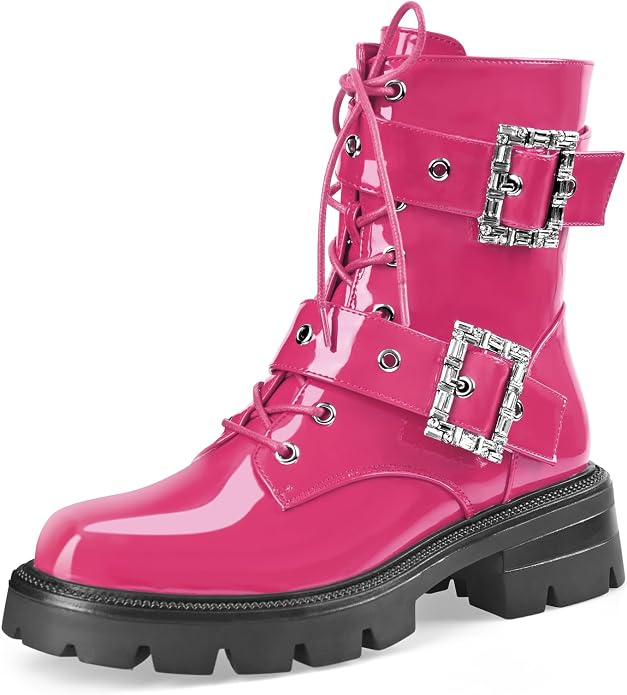 Cool Hot Pink Buckle Detail Round Toe Combat Ankle Boots (PRE-ORDER)