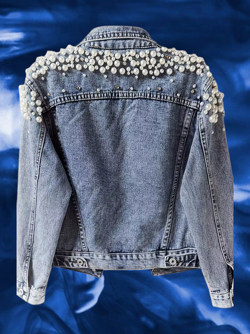 Edgy Blue Denim Studded Faux Leather Rocker Biker Jacket