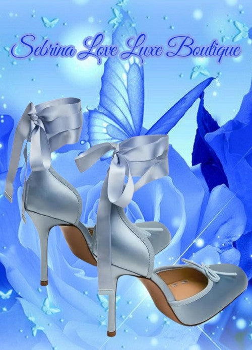 Romantic Baby Blue Satin Ribbon Ankle Tie Ballerina Heels