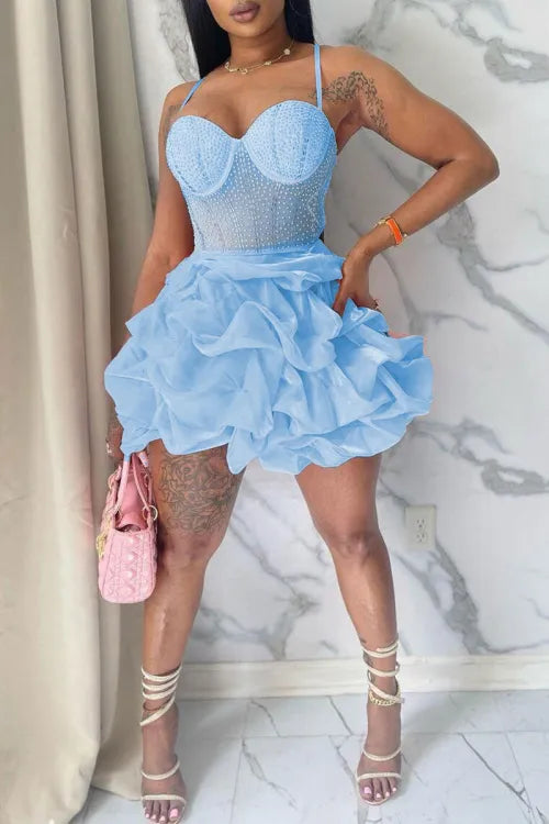 Sexy Light Blue Corset Ruffle Mini Dress