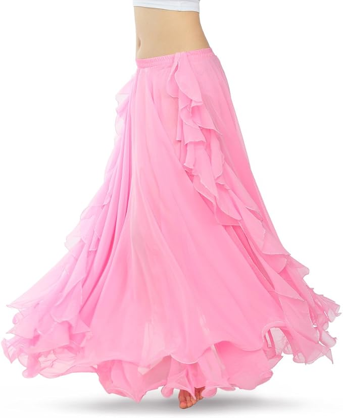 Romantic Pink Chiffon Ruffled Boho Maxi Skirt