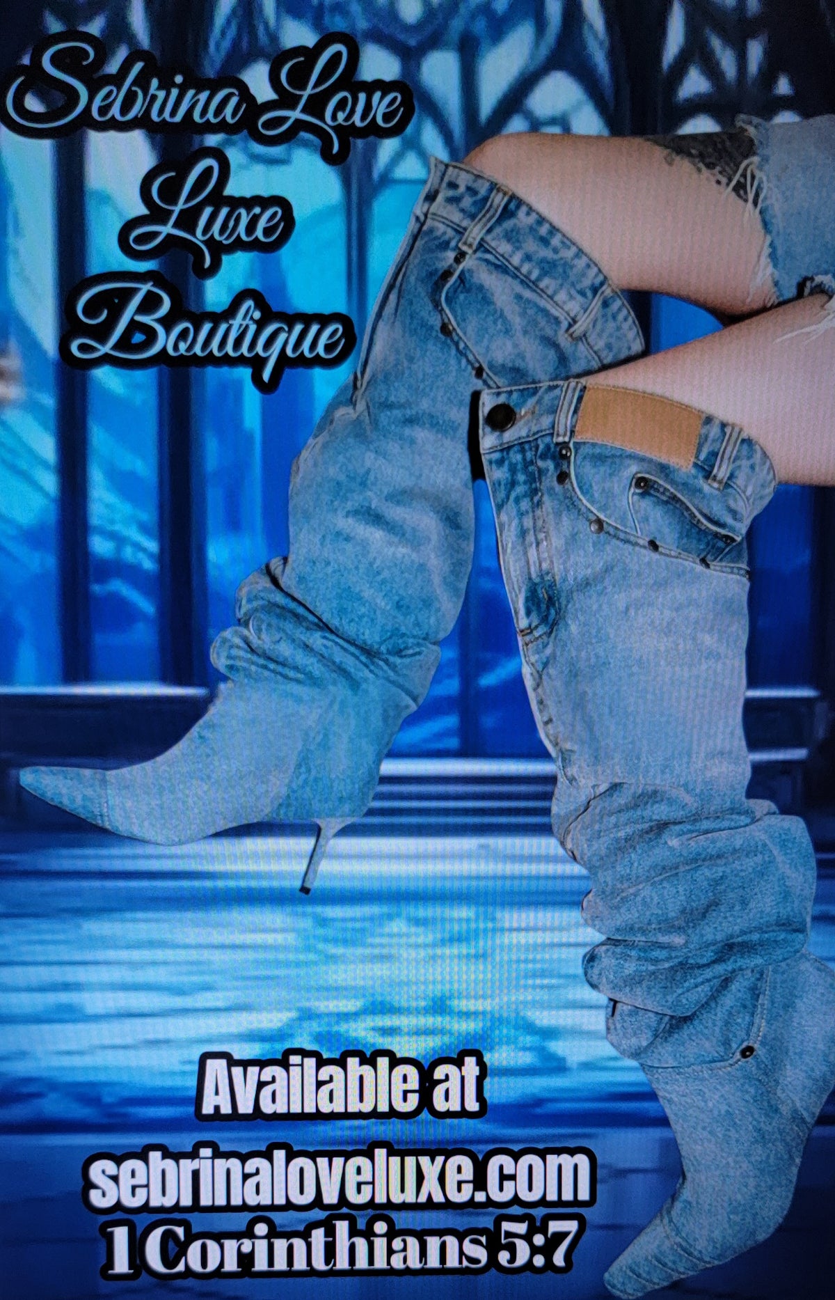 Chic Blue Denim Kitten Heel Over The Knee Thigh Boots